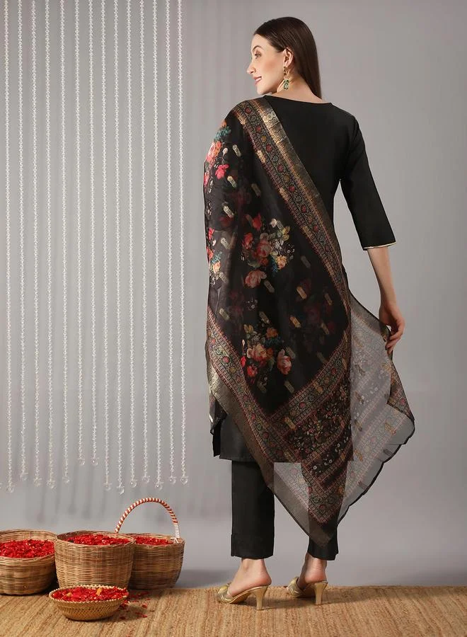 globus Women Black Straight Kurta with Pant and Floral Print Dupatta Set